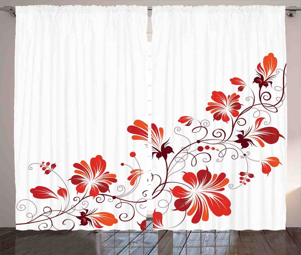 ABAKUHAUS Blume Rustikaler Vorhang, Floral Petal Ornaments, Wohnzimmer Universalband Gardinen mit Schlaufen und Haken, 280 x 175 cm, Weiß Rot