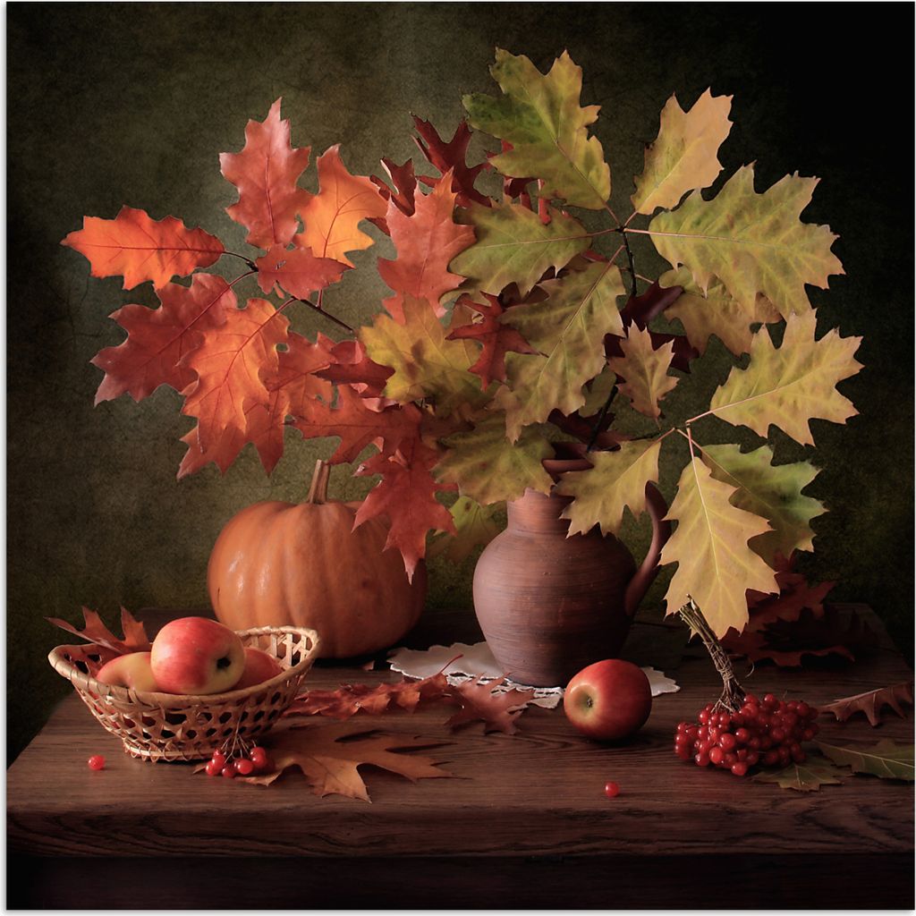 MuchoWow Poster Stilleben - Kürbis - Blätter - Apfel - Kirsche - Herbst 50x50 cm - Wohnzimmerdekoration