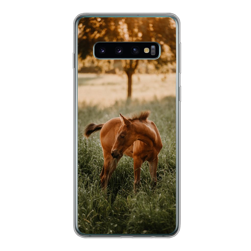 MuchoWow Handyhülle Schutzhülle Hülle für Samsung Galaxy S10 Pferd - Gras - Baum Silikon Softcase Handy Hülle - Handytasche