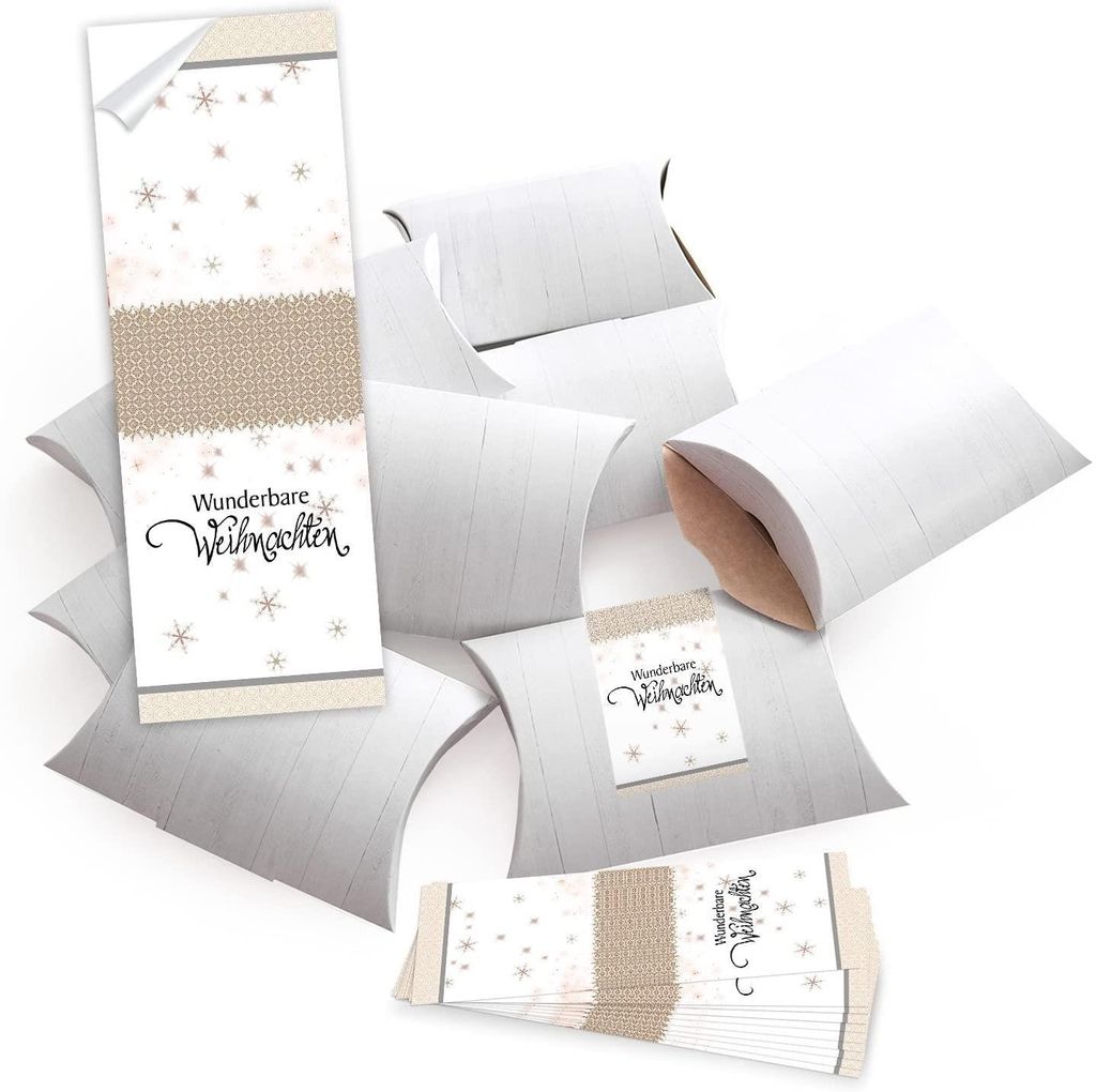 25 kleine Geschenkschachteln Geschenk-Boxen Kartons, weiß 14,5 x 10,5 + 3 cm mit Aufkleber Banderole beige weiß schwarz WUNDERBARE WEIHNACHTEN - ...