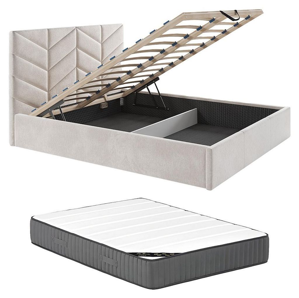 Bett mit Bettkasten - 160 x 200 cm - Strukturstoff - Creme + Matratze - JUSTANI