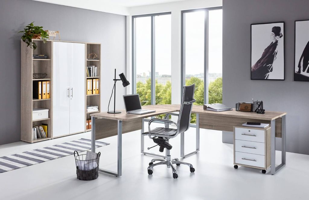 Büromöbel-Set TABOR PRO 3 in Eiche Sonoma / weiß Hochglanz, Arbeitszimmer Komplett-Set
