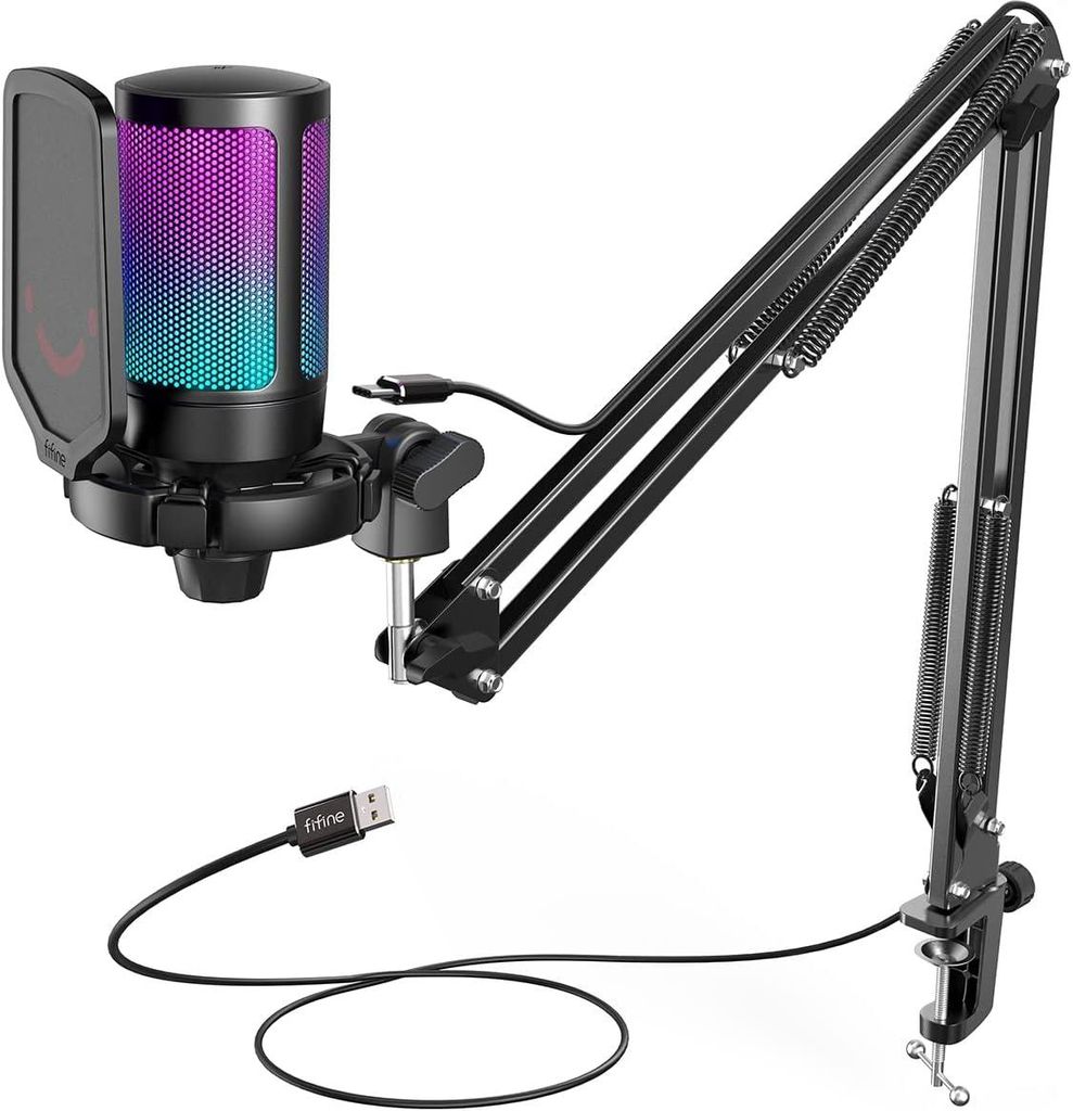 Gaming USB Mikrofon mit Arm für PC, Mac, PS4/PS5 – Kondensator, RGB Beleuchtung, Stummschalter, Popfilter, Shock Mount, Streaming & Podcast