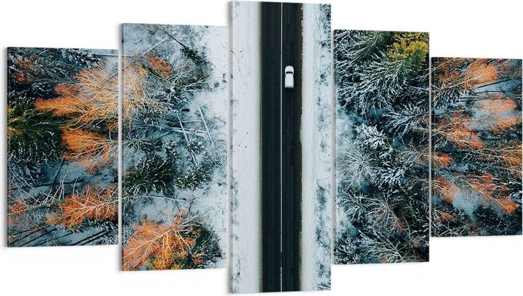 Bild auf Leinwand - Leinwandbild - 5 Teile - Wald Weg Schnee - 160x85cm - Wand Bild - Wanddeko - Wandbilder - Leinwanddruck - Bilder - Wanddekorati...