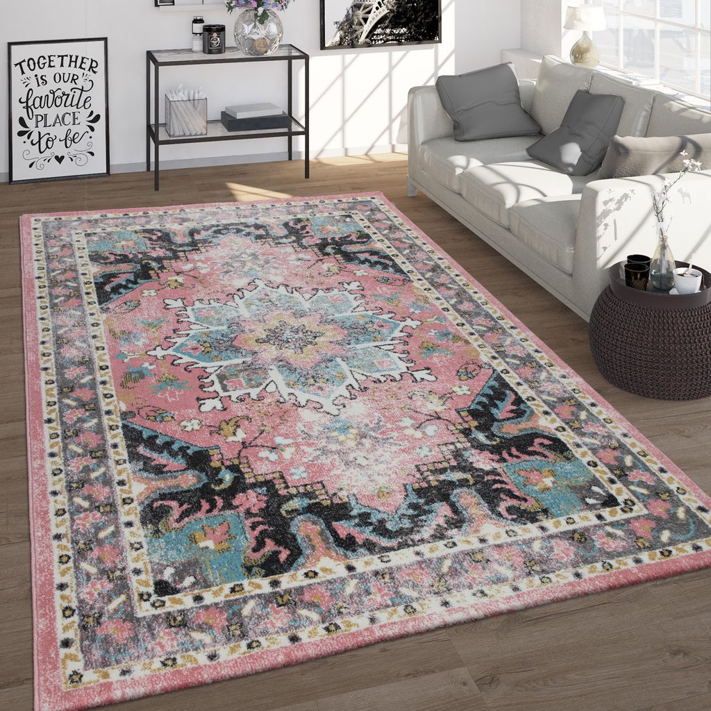 Frisé-Teppich, Vintage-Kurzflor Für Wohnzimmer, Orient-Design, Pastell Bunt Grösse 80x150 cm