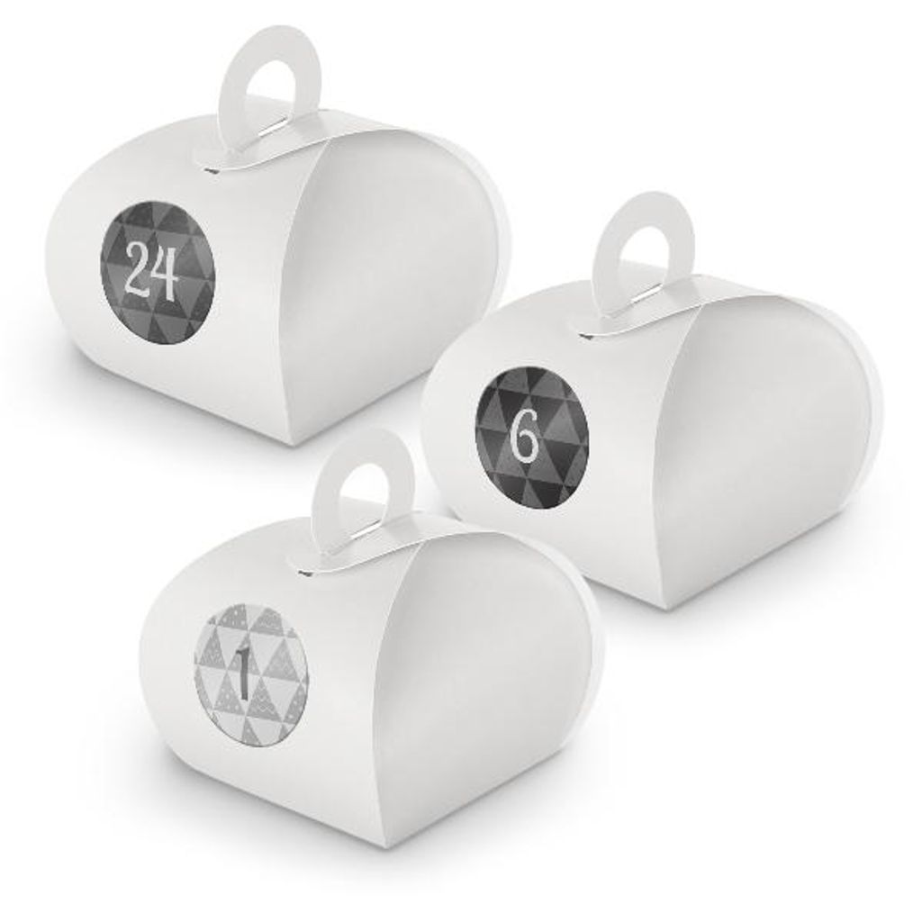 Adventskalender zum Füllen 24x Box mit Griff WEISS + Sticker V10 Z25