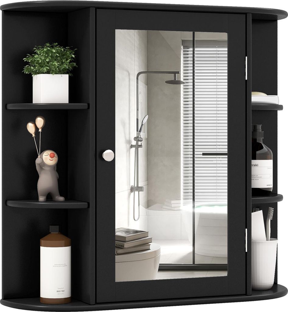 Badezimmerschrank mit Spiegel, Wandmontierter Aufbewahrungsschrank mit Spiegeltür, Offenen Fächern & Verstellbaren Regalen, Schwarz