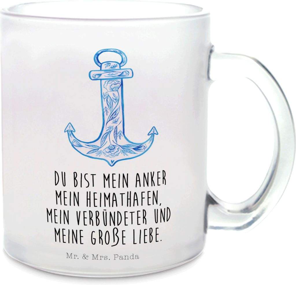Mr. & Mrs. Panda Pott Anker Blau - Transparent - Geschenk, Tee Tasse, Haferl, Teeglas, Teetasse aus Glas, Lustige Sprüche