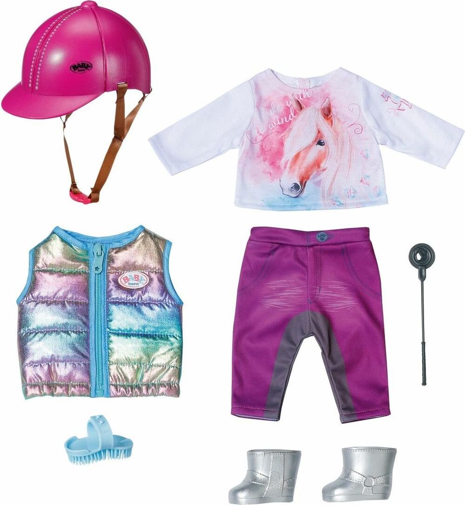 A flat lay of a doll's equestrian outfit and accessories.