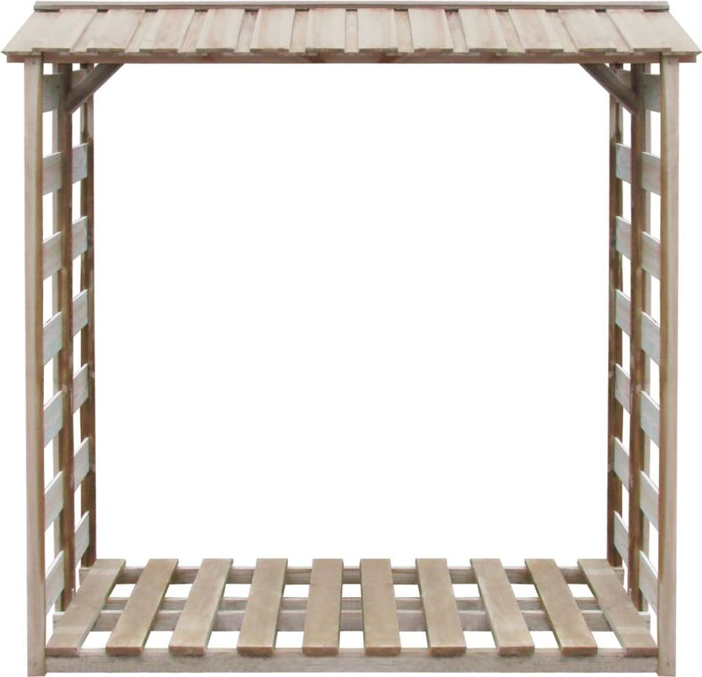 A wooden firewood storage shed with a slatted roof and sides, presented on a white background.