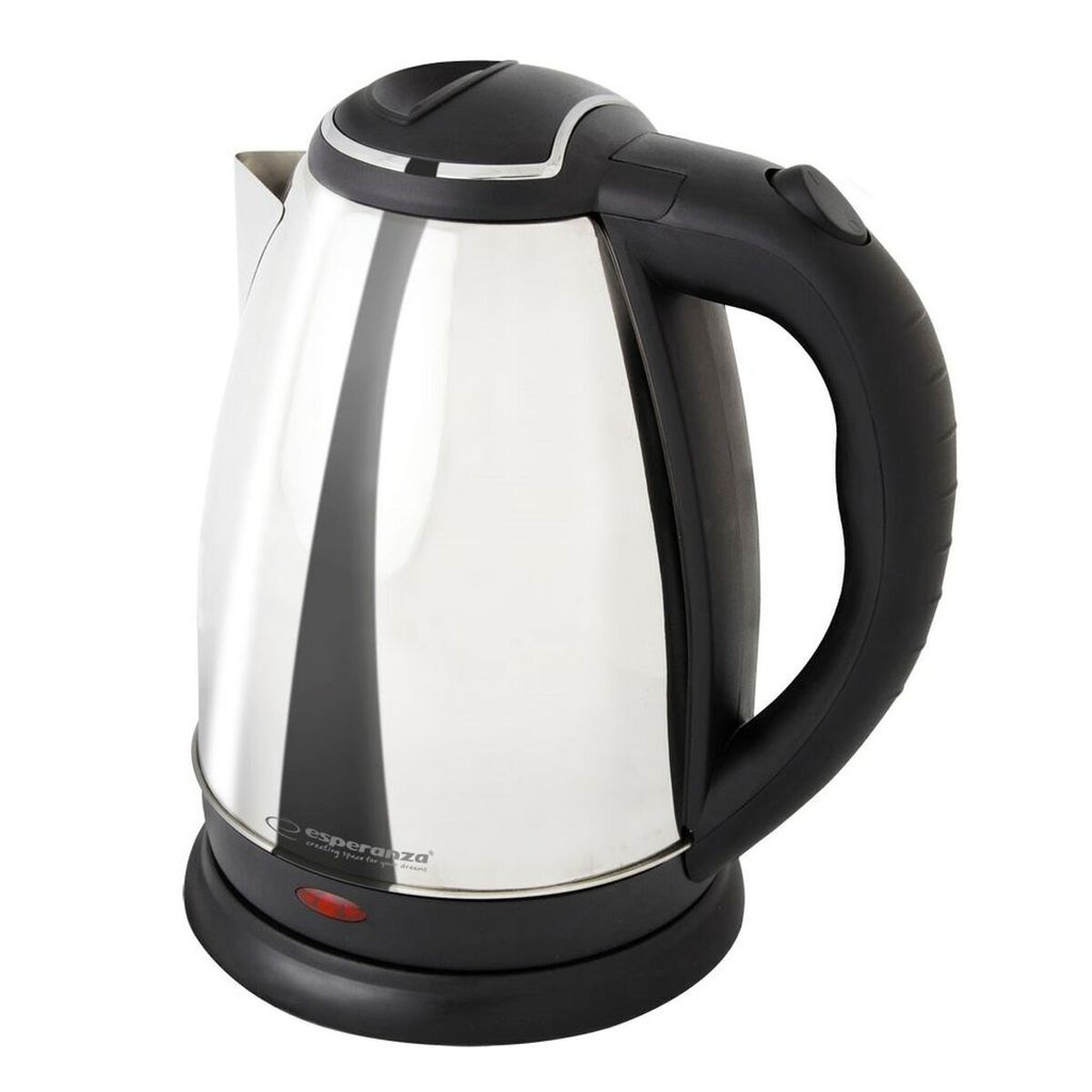 A studio shot of a silver and black electric kettle on a white background.