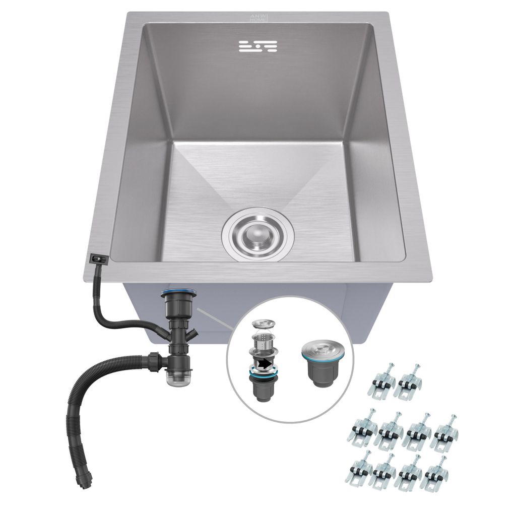 ANW HOME Unterbauspüle 37x45 cm Edelstahl Spüle 1 Becken 22 cm tief Nano Einbauspüle mit Siphon Montageset Küche kompakt modern Edelstahlspüle
