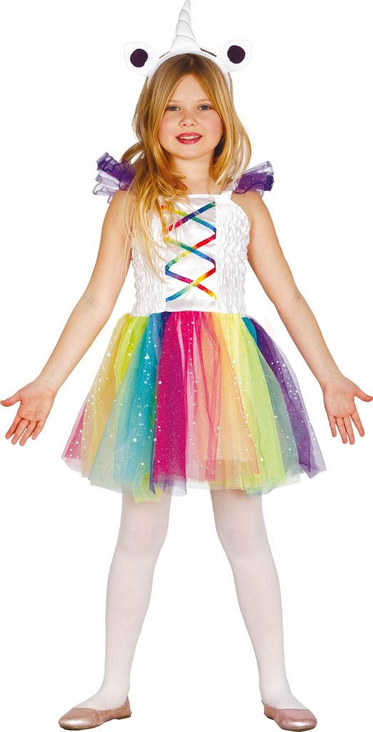 Einhorn Märchenkostüm Kinder Regenbogen Glanz Karneval Fantasy Traumwelt Magie Bunt Zauberwesen Kleid Stirnband Abenteuer, Größe: 98/104 Farbe:...