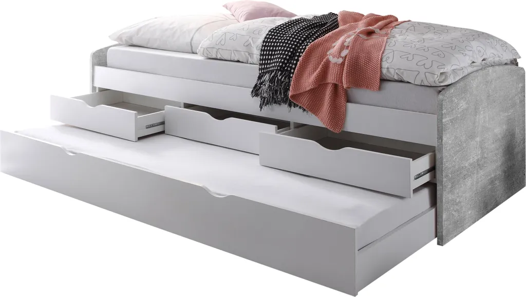 Lit simple gigogne 90cm blanc et gris béton NESSI pour chambre enfant