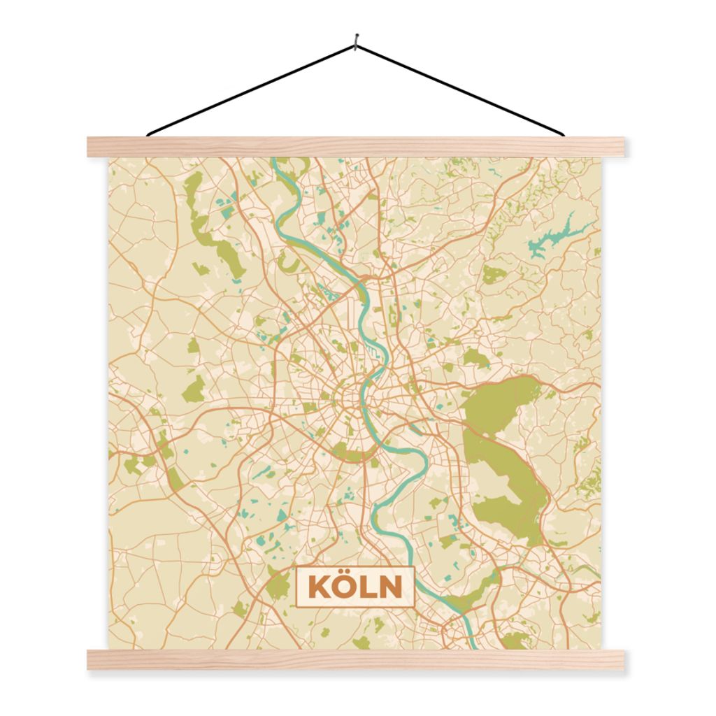 MuchoWow Textilposter Karte - Köln - Stadtplan - Vintage - Karte 40x40 cm mit holzfarbenen Rahmen - Posterleiste