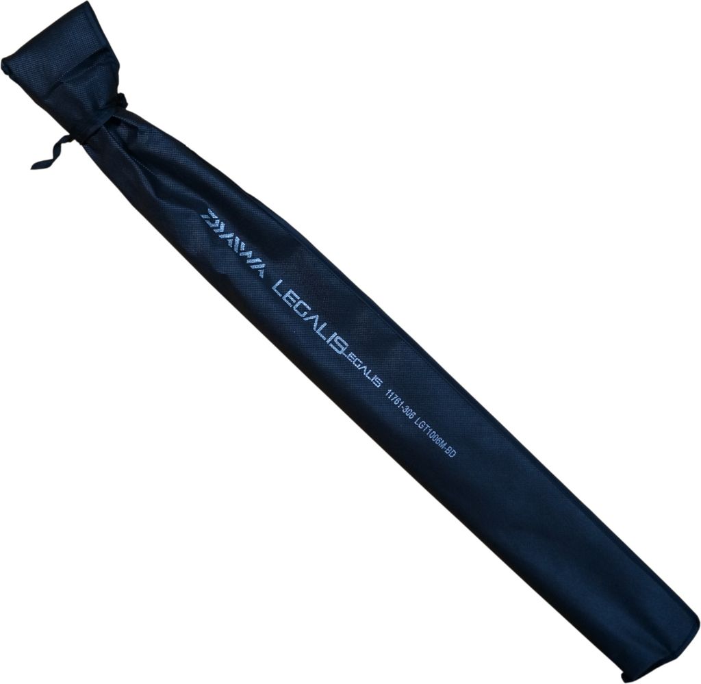 A black protective sleeve for a fishing rod, with brand and model information printed on it.