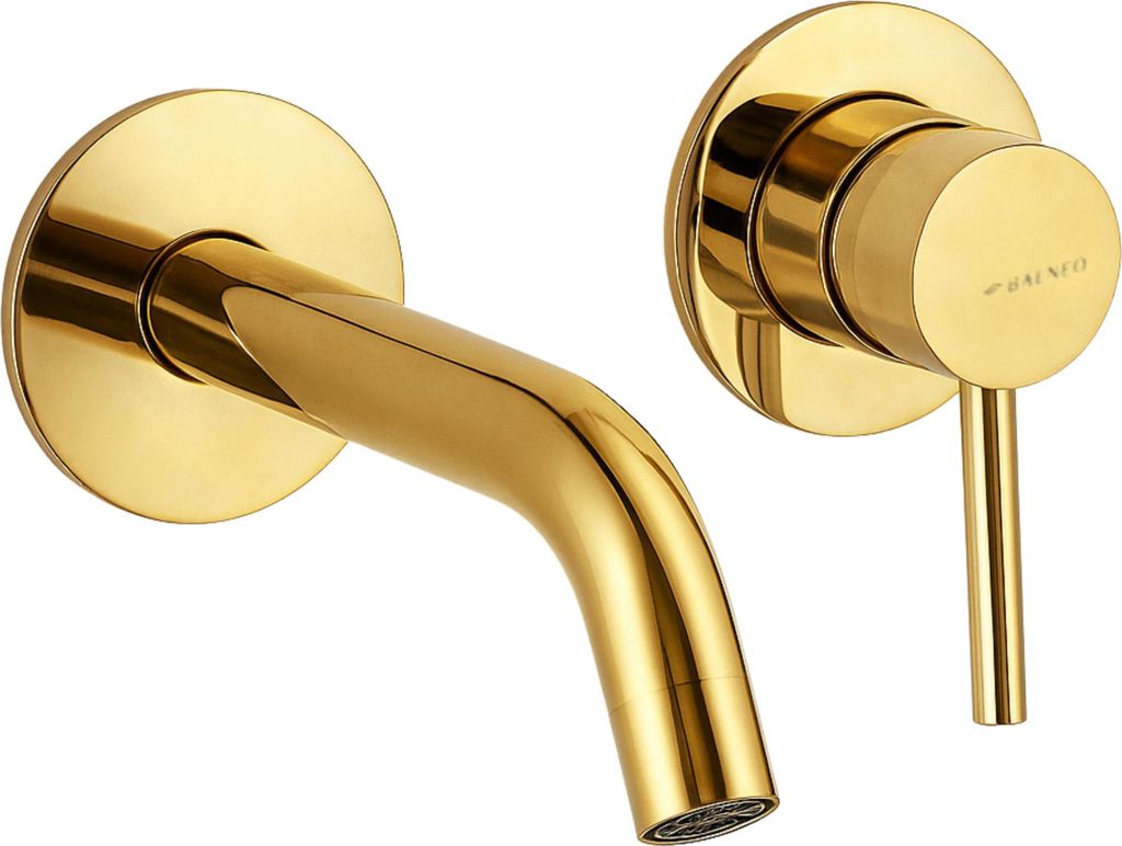 Balneo Wasserhahn Waschtischarmatur für Wandmontage glänzend gold Edelstahl | Einhandmischer für Waschbecken Unterputz CASCADE