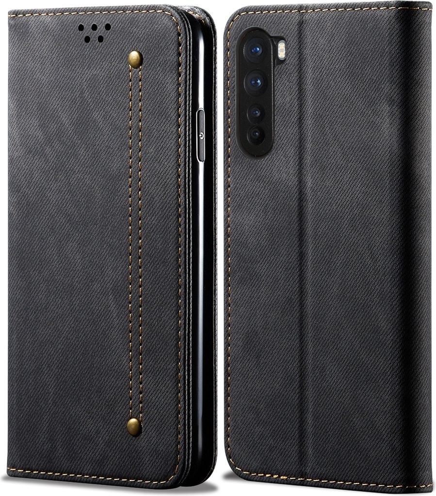 A black flip-style phone case for a OnePlus Nord phone, shown from the front and side.