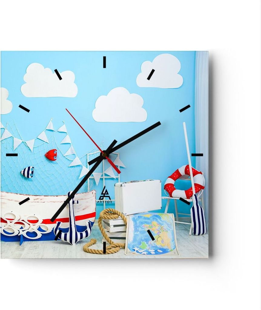 Wanduhr - Quadrat - Glasuhr - Boot Anker Wolken Junge - 40x40cm - Schleichendes Uhrwerk - Lautlos - zum Aufhängen bereit - Dekoration Modern - Wan...