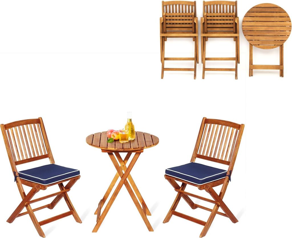 Balkonmöbel Kleiner Balkon, Runder Bistrotisch mit 2 Stühlen klappbar, Gartenmöbel Set Holz 3 teilig,Rotbraun, Blau (Sitzkissen)