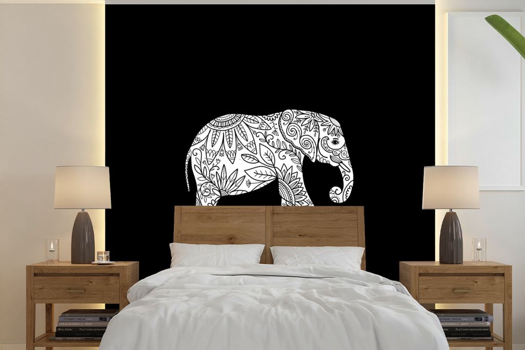 MuchoWow Fototapete für Wohnzimmer oder Schlafzimmer Wandtapete Vinyl Motivtapete Elefant - Muster - Blau - Weiß - 300x300 cm - Wanddekoration