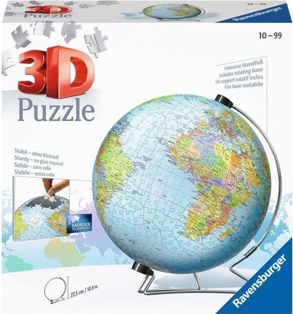 3D Puzzle Globus, 540 Teile, Ravensburger, Lernspielzeug, Klebstofffrei, Ab 10 Jahren