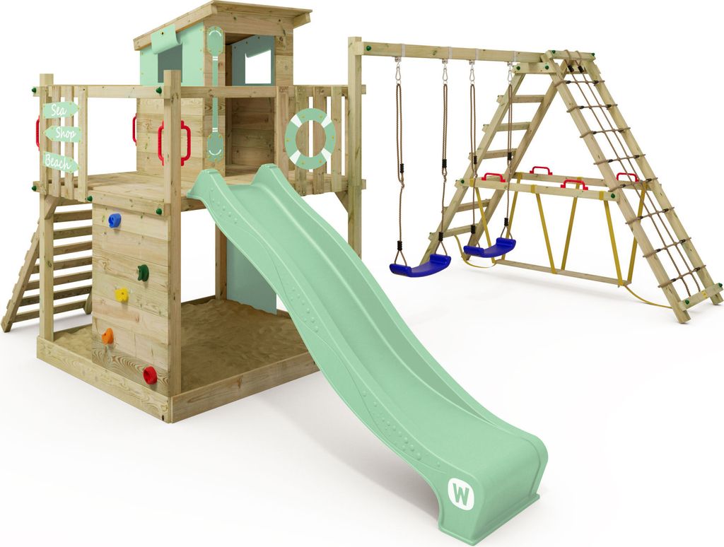 WICKEY Spielturm Klettergerüst Smart Surf mit Schaukel & Rutsche, Kletterturm mit Sandkasten, Leiter & Spiel-Zubehör – pastellgrün