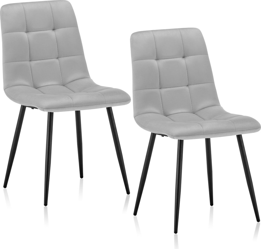 Two gray dining chairs with black legs are shown against a white background.