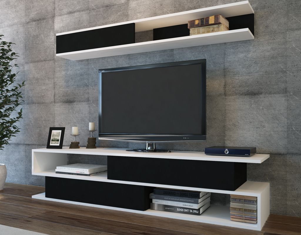 Skye Decor, Sims- Sims DEC, Weiß,Schwarz, TV-Schränke, 39x176x31,5 cm, 100% Melaminbeschichtete Partikelplatte