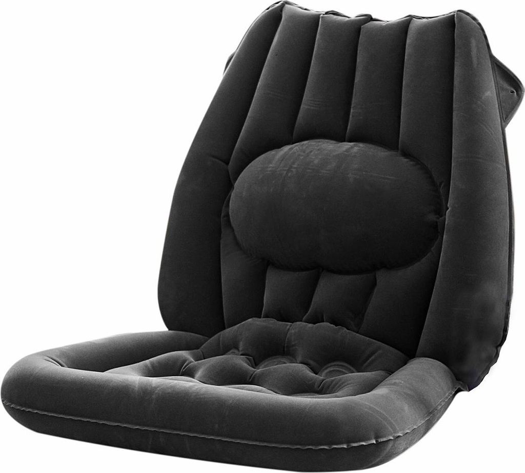 An inflatable seat cushion with lumbar support.