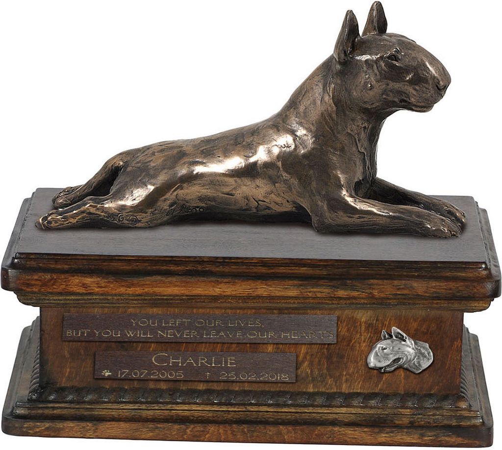 Bull Terrier, Bullterrier III urne in Hundeasche, personalisierte Urne mit Statue, Holzurne mit Hund von Art-Dog