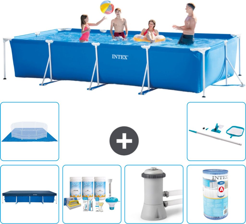 Intex-Schwimmbecken mit rechteckigem Rahmen – 450 x 220 x 84 cm – Blau – im Lieferumfang enthalten Abdeckung - Wartungspaket - Filterpumpe f...