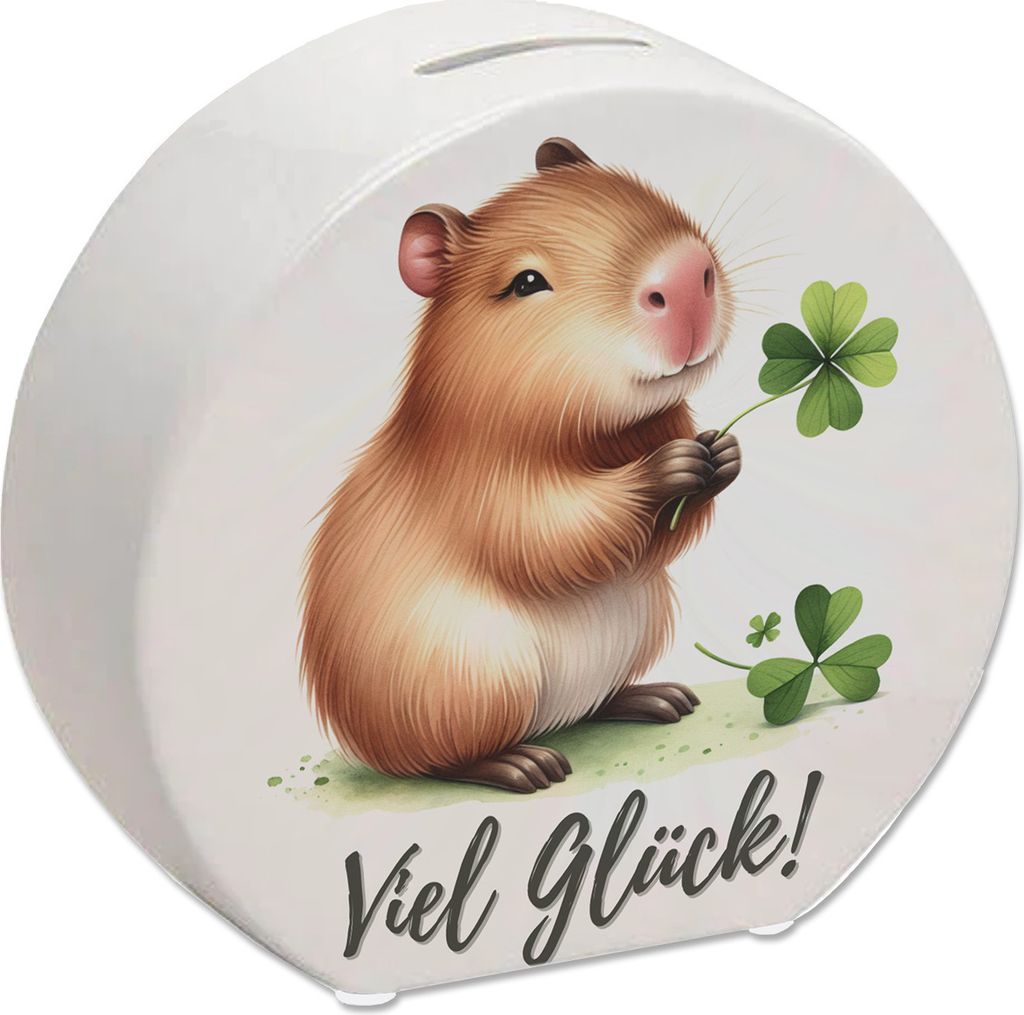 Capybara mit Kleeblatt Spardose mit Spruch Viel Glück
