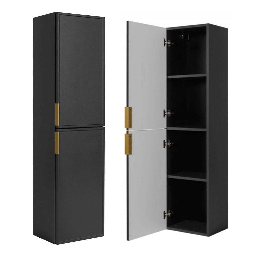 A dark gray tall cabinet with two doors, one open to reveal shelves, and gold handles. Another identical cabinet is shown closed next to it.