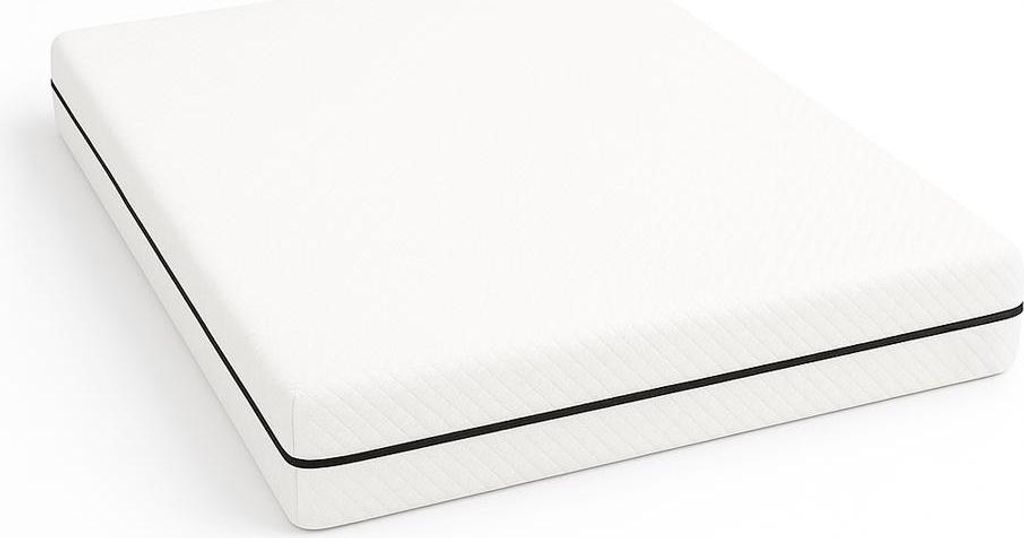 A white mattress with a black trim is shown on a white background.