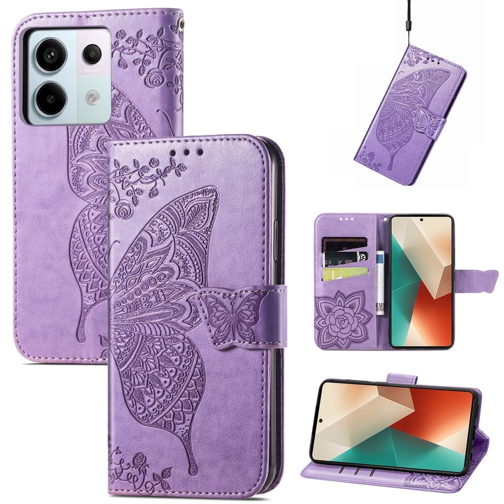 Für Xiaomi Redmi Note 13 Pro / Poco X6 Kunstleder Wallet Handy Tasche Schmetterling Design Schutz Hülle Hell-Lila