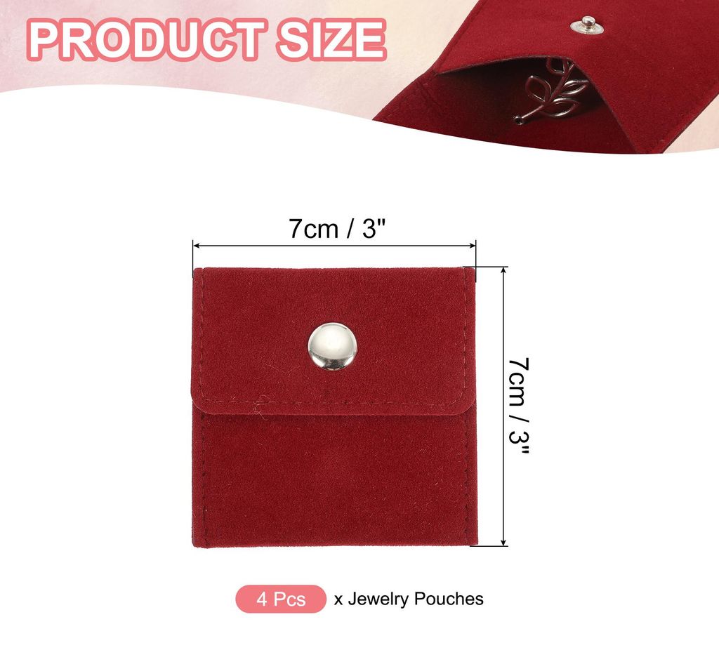 4er-Pack 7x7cm Schmuckbeutel, Samtbeutel mit Druckknopf Tragbare Aufbewahrungstasche fš¹r Ohrringe Armb?nder Halsketten Ringe Uhr, Rot