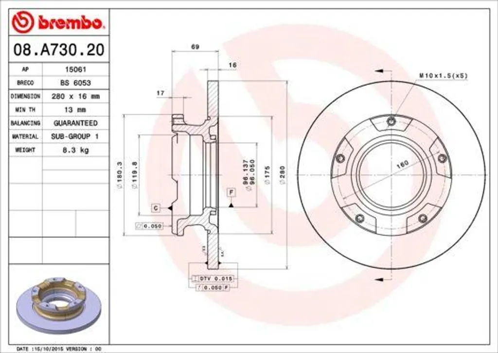 Brembo 08.A730.20 Disque de Frein Haute Qualité fonte 6C112A097AB Transit