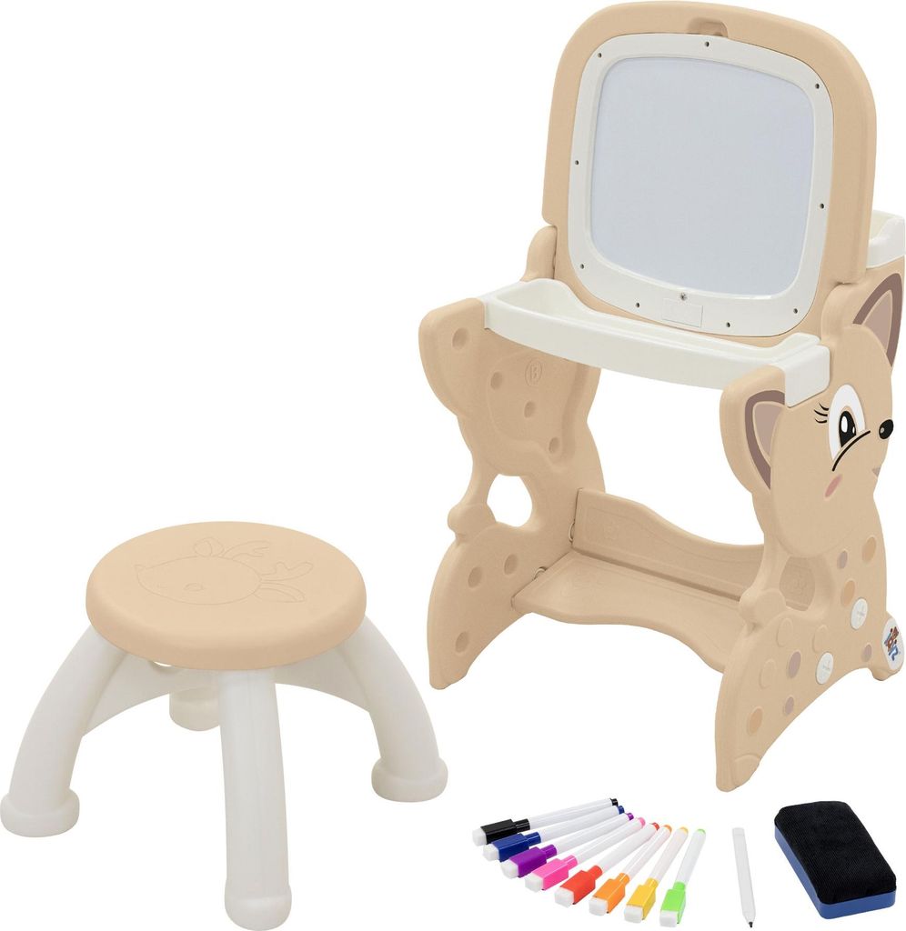 Joyz 3in1 Spieltisch mit 2 Tafeln Kinderhocker und Zubehör Braun Kindertafel mit Stuhl LCD-Tafel/Magnetische Whiteboard Kinder Staffelei mit Ablage
