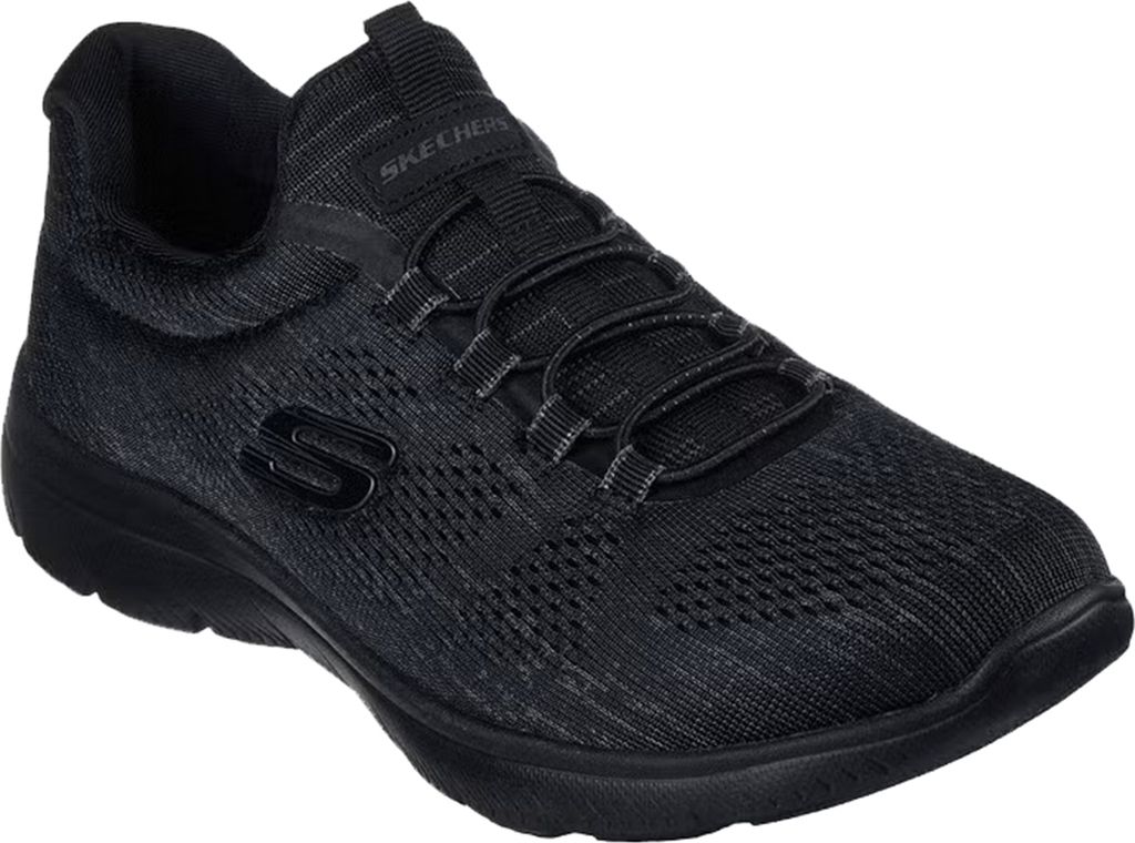 A black Skechers shoe is shown against a white background.
