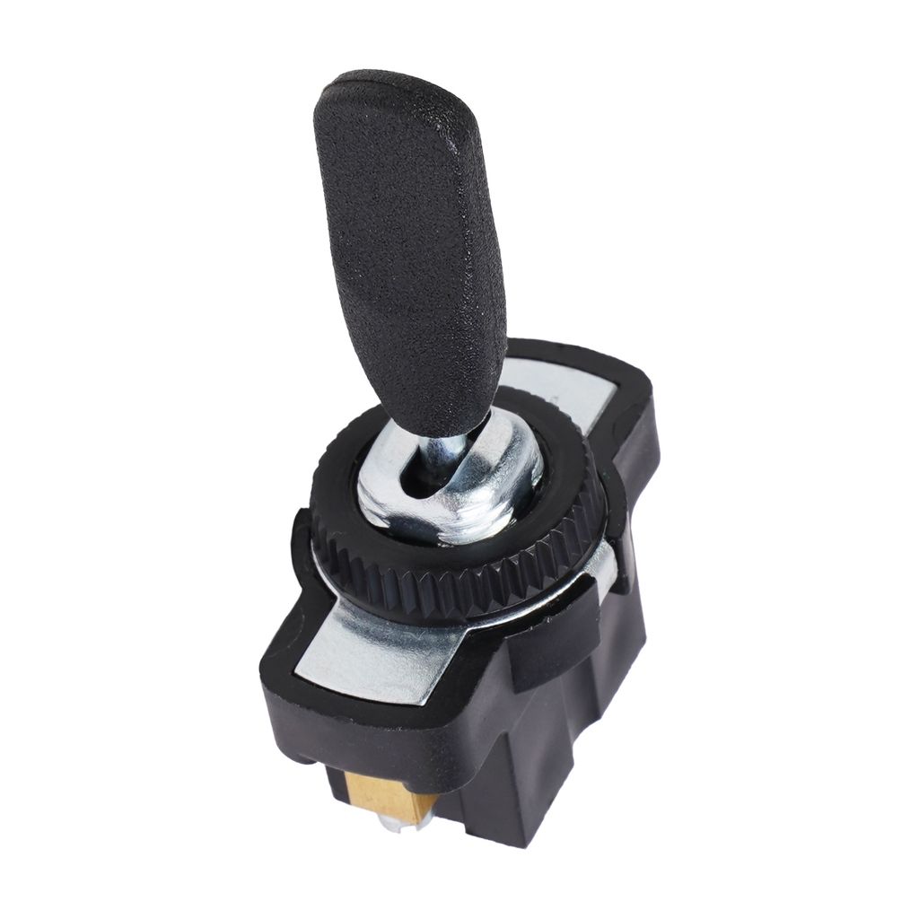 A close-up studio shot of a black and silver toggle switch.