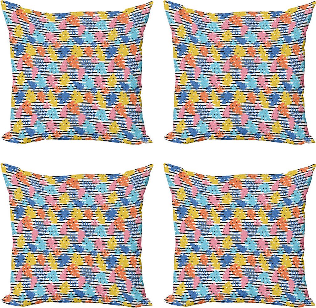 ABAKUHAUS Bunt Kissenbezug Set (4 Stück), Exotische Blätter Stripes, Moderner Doppelseitiger Digitaldruck, 45 cm x 45 cm, Mehrfarbig