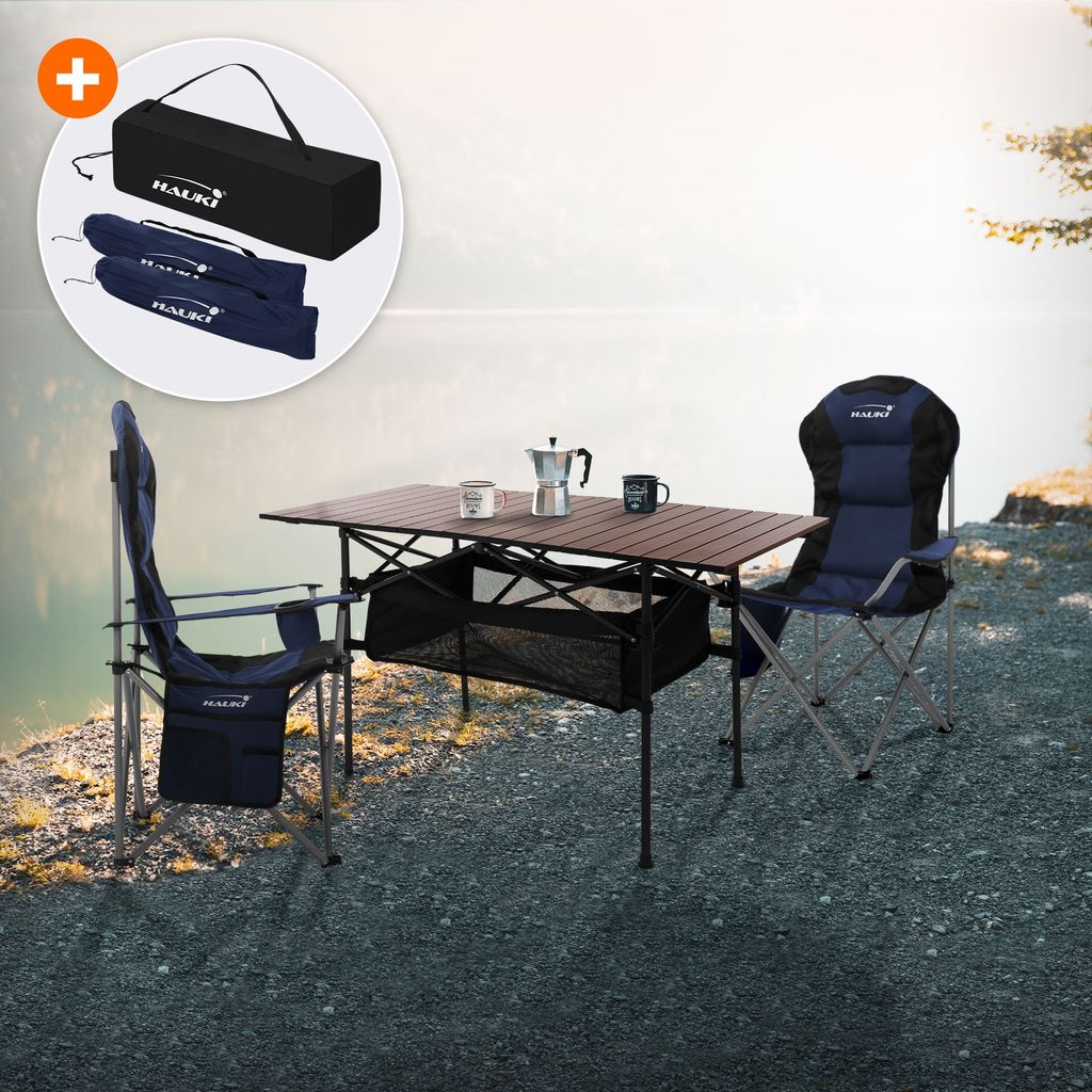 Hauki Campingmöbel Set 3tlg., Klapptisch Braun mit 2 Campingstühlen Blau inkl. Tragetasche