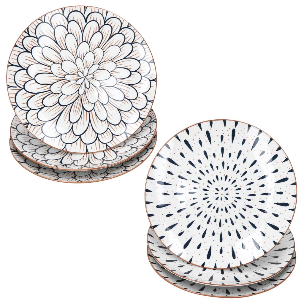 6x Yama Kuchenteller Ø19cm Blau Weiß Steingut Tropfen Floral Dessert