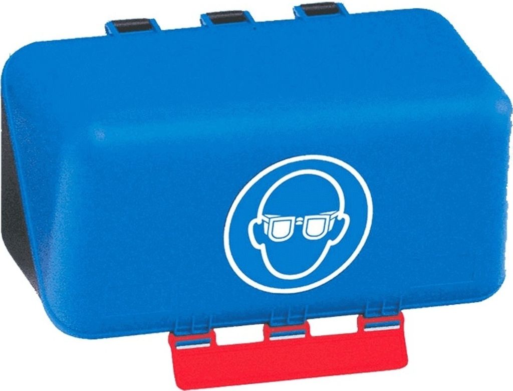 A blue safety box with a white symbol indicating eye protection is required.