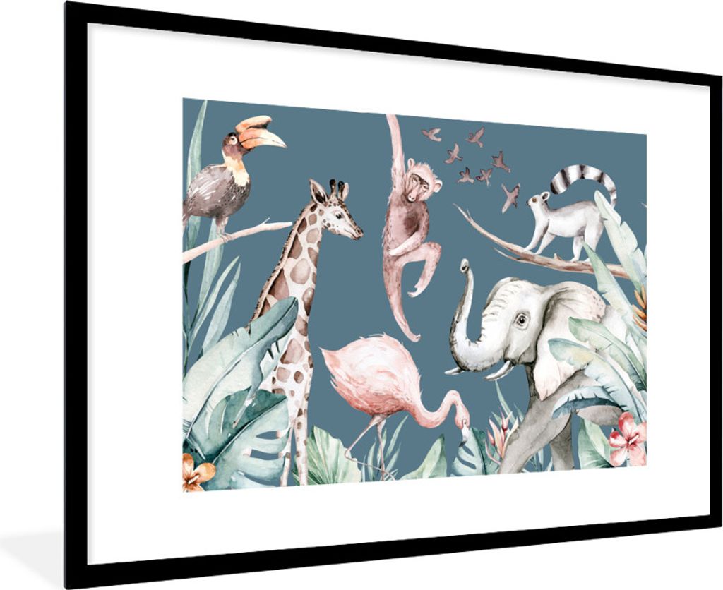 MuchoWow MuchoWow Gerahmtes Poster Aquarell - Tiere - Dschungel - Affe - Jungen - Blau - Kinder - Kinder 90x60 cm - Poster mit zchwarzem Bilder...