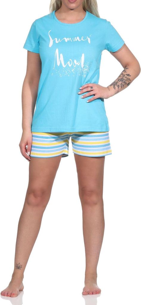 Damen Shorty kurzarm Pyjama mit Front-Print und Ringel-Optik - 122 205 10 752 ; hellblau , 36-38