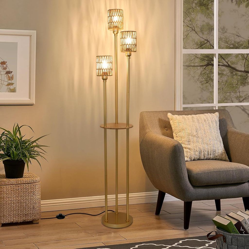 Lampada Da Terra Ad Arco Con Telecomando - Altezza Regolabile 155-185 Cm, Base In Marmo, Paralumi In Rattan E Lino
