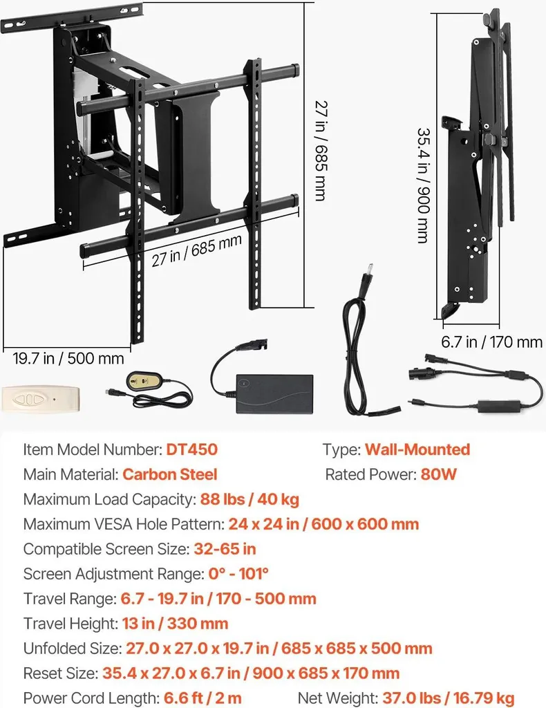 Support Mural TV Électrique 32-65 pouces Hauteur Réglable par Télécommande