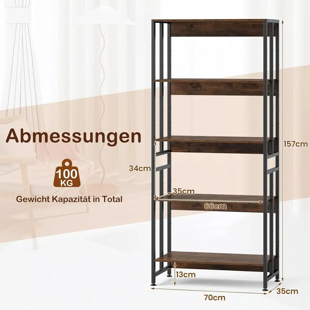 Étagère de rangement à 5 étages bibliothèque industrielle marron bois
